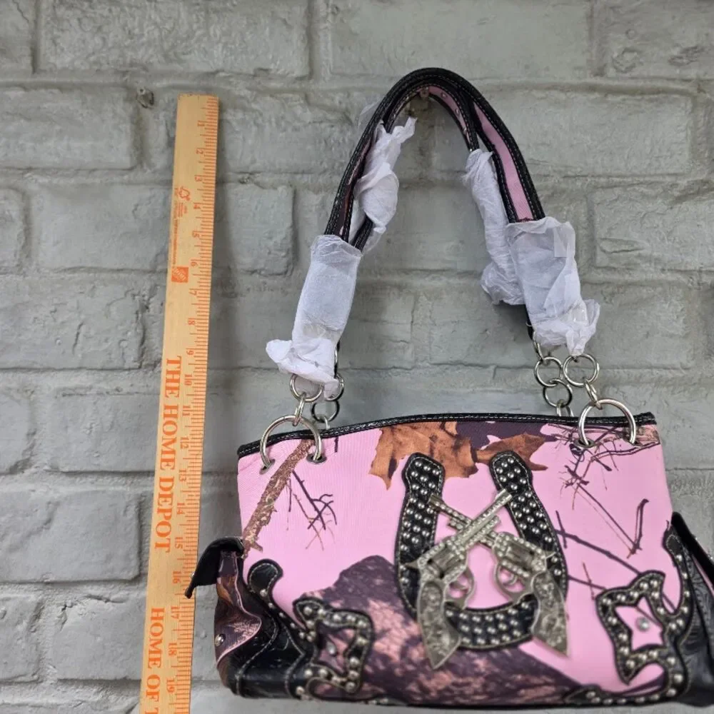 Mossy Oak Pink Camo Rhinestone Horseshoe Crossed Pistols